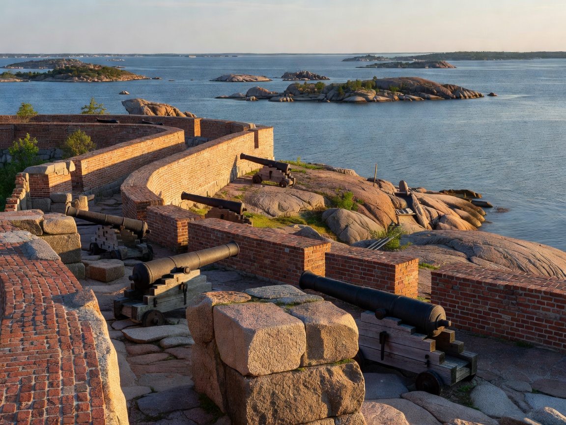 Kaunis Itämeren maisema Suomenlinnan historiallisista tiili- ja graniittimuureista ja tykeistä saaristomaisemassa
